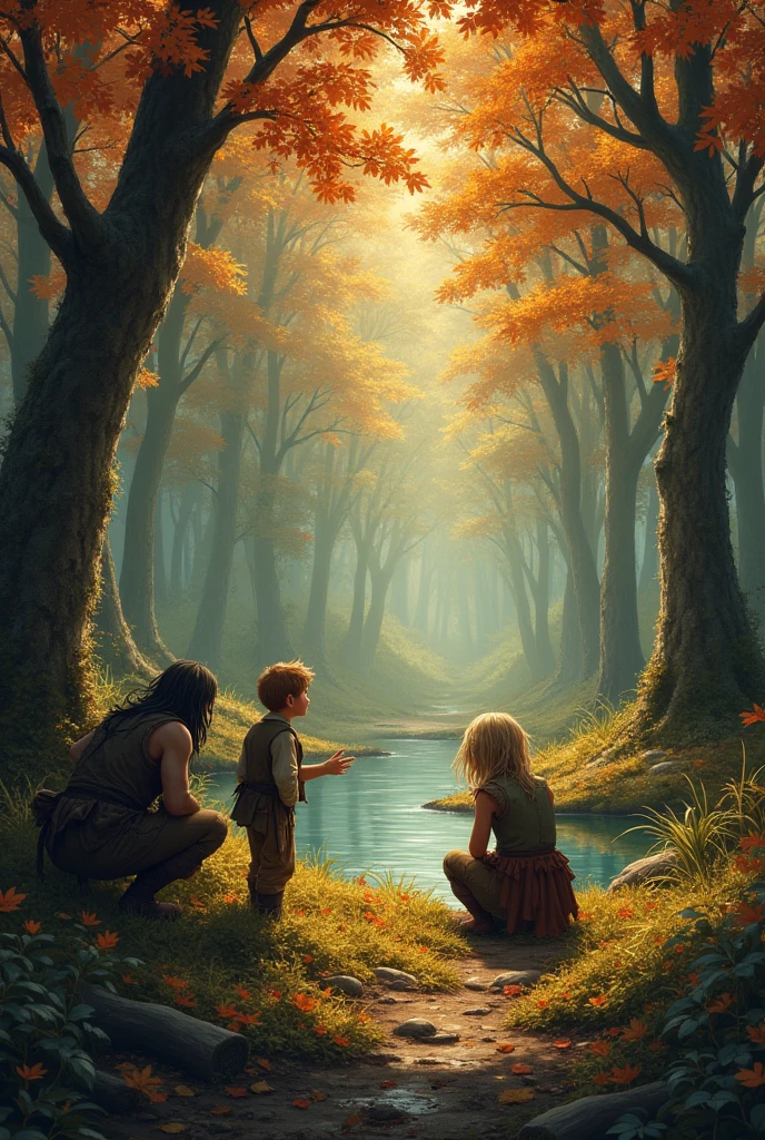 **Prompt:** A dense, ancient forest in the golden light of autumn. Three hunter boys, dressed in rugged, weather-worn clothes, crouch behind the thick underbrush, their eyes fixed on a hidden glade. The trees are towering with leaves in shades of orange, red, and gold, carpeting the forest floor. In the center of the glade is a crystal-clear pond, where a young prince kneels to drink. The prince has disheveled golden hair, and his fine clothes are torn and muddy, yet he exudes a sense of grace and nobility. The firelight highlights his delicate features, creating a contrast with the rugged wilderness around him. One of the boys, the youngest, looks at the prince with a mix of wonder and affection, holding up a hand to stop the others from approaching with weapons drawn. The scene is filled with a sense of discovery, tension, and unexpected connection in the serene beauty of the forest.
**Image size:** 1024x1024
