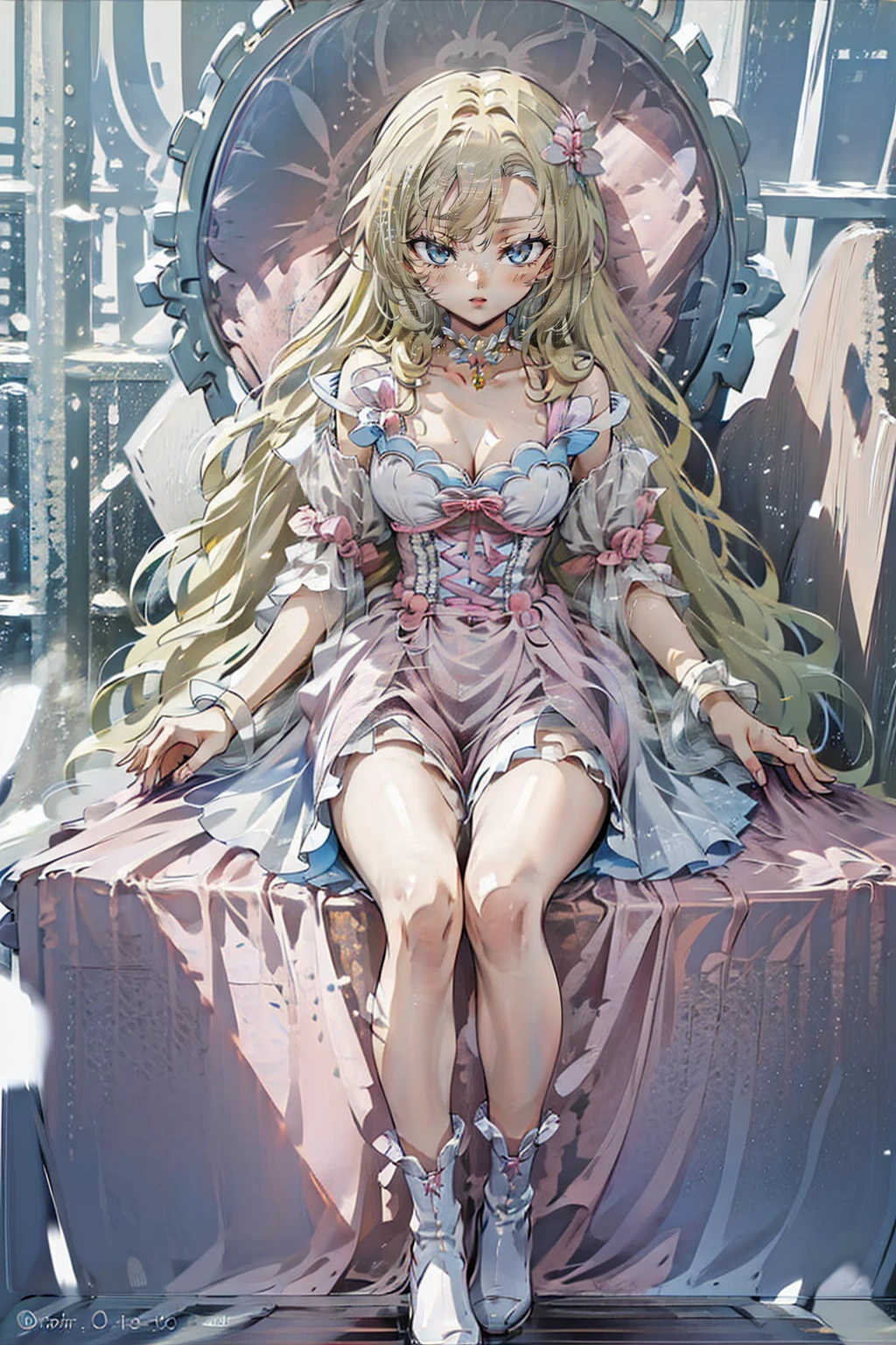 (Highest quality,4K,High resolution,masterpiece:1.2),Very detailed,Realistic:1.37,,(whole body, legs and 靴 visible: 1.2),、Anime Style、Storytelling、、beautiful girl、とてもcute天使、Pink Gothic Dress、cute、、smile、Long skirt,Black long boots、とてもsmile, so beautiful, Delicate facial features, Sharp Eye,  Vermilion cheeks,、Very big boobs、Hair band 
