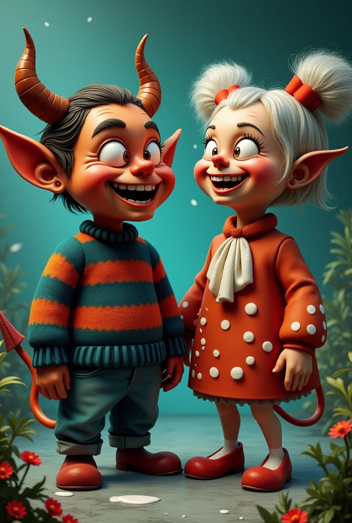 Draw Chavo del 8 in devil style, and next to her, Mrs. Florinda with a sweater soaked in excited water, and rosy cheeks,