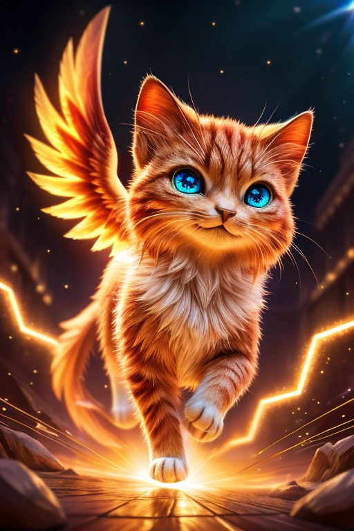 (Highest quality、masterpiece、8k))、Anatomically correct、Very detailed、High resolution、Cinematic lighting、Realistic、((Beautiful, sparkling, detailed eyes))、Intricate details、((Dynamic composition))、Cute kitten、Big head、Ride the Phoenix