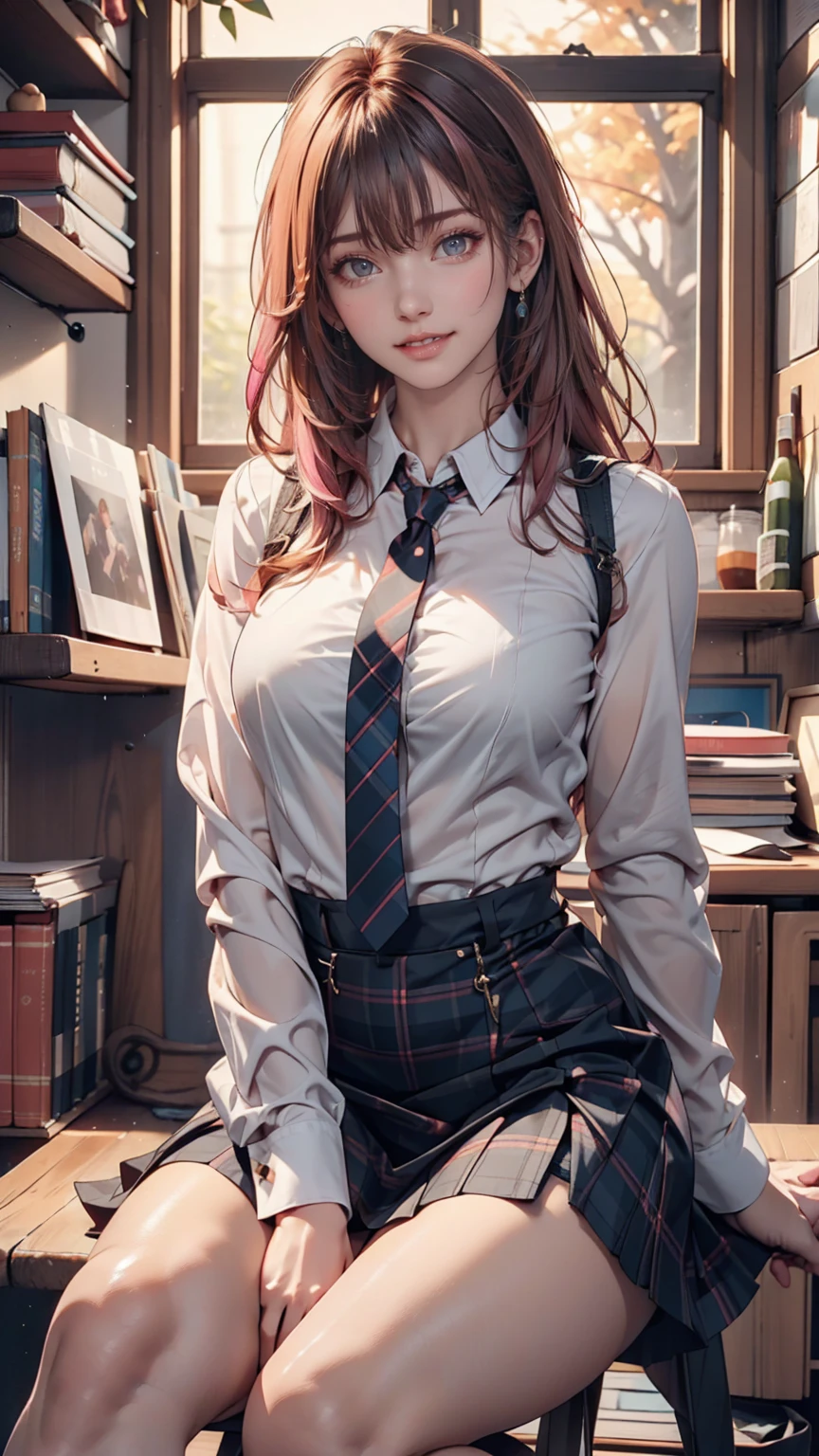 One person, Hoshino (Blue Archive), alone, Heterochromia iridis, Pink Hair, skirt, Long Hair, tie, Ahoge, shirt, Hello, Plaid skirt, blue eyes, Plaid,  View your viewers, white shirt, Sitting, Orange eyes, chest Harness, Harness, Long sleeve, ID card, Open your mouth, very Long Hair, collared shirt, smile, blue tie, bangs, The legs are detached from the frame, Between the legs, hand Between the legs, blush, Hair between the eyes, High resolution,masterpiece, Highest quality