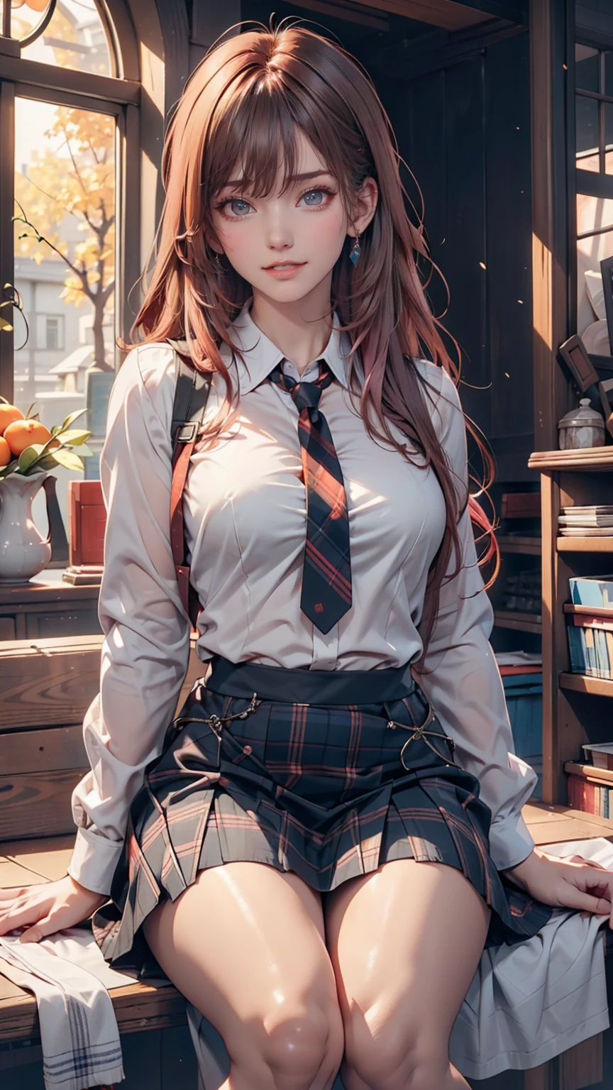 One person, Hoshino (Blue Archive), alone, Heterochromia iridis, Pink Hair, skirt, Long Hair, tie, Ahoge, shirt, Hello, Plaid skirt, blue eyes, Plaid,  View your viewers, white shirt, Sitting, Orange eyes, chest Harness, Harness, Long sleeve, ID card, Open your mouth, very Long Hair, collared shirt, smile, blue tie, bangs, The legs are detached from the frame, Between the legs, hand Between the legs, blush, Hair between the eyes, High resolution,masterpiece, Highest quality