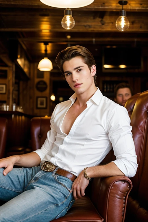 Young handsome cute white skin soft skinny beautiful in a cowboy bar sitting on armchair with 3 handsome men beside him