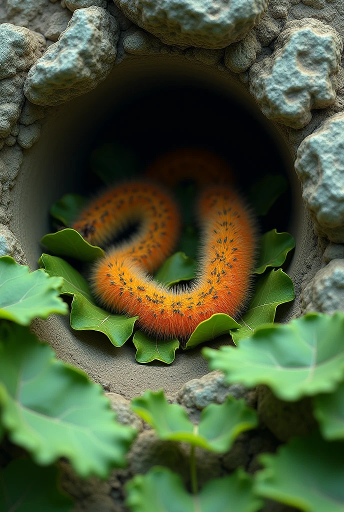caterpillars inside the rock are eating green leaves