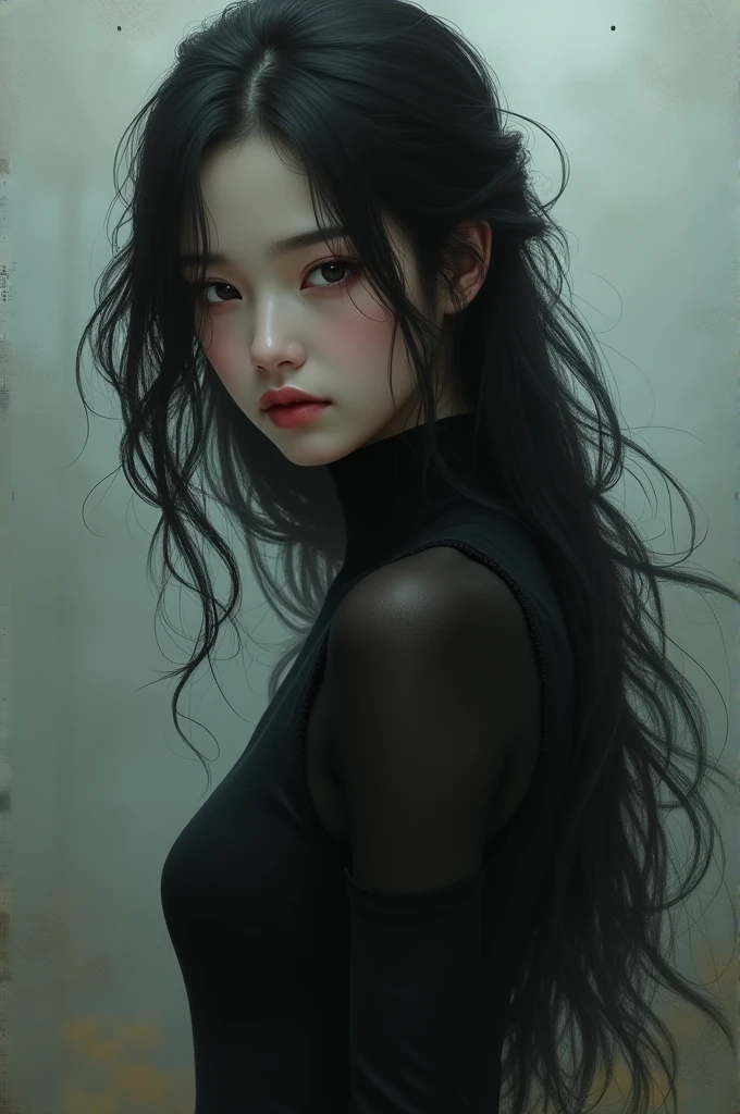 A slim, dark-haired girl.short wavy hair and almond-shaped, black eyes