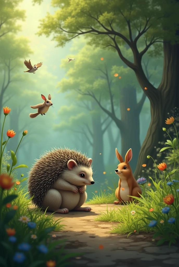 An extremely overly depressed hedgehog, sad and alone watching other animals playing in the forest from afar 
