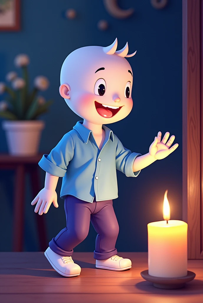 A Friday night of fun' Style drawing of an all-white character with a light blue shirt and dark purple pants lit by a candle.