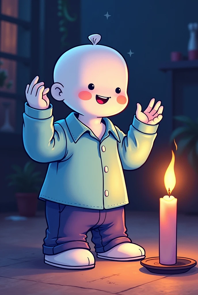 A Friday night of fun&#39; Style drawing of an all-white character with a light blue shirt and dark purple pants lit by a candle.
