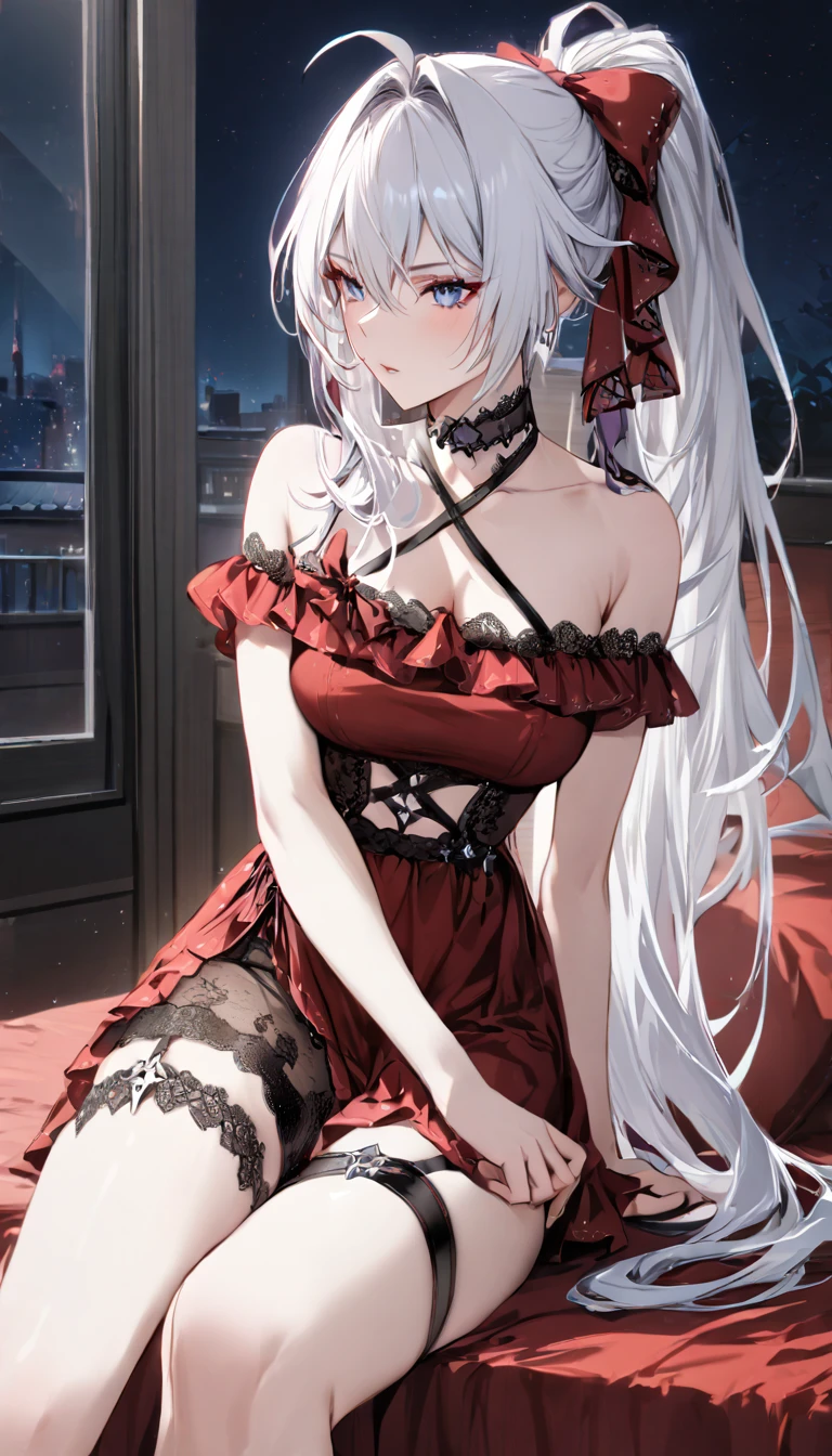 masterpiece, best quality, kiana kaslana \(honkai impact 3rd\), herrscher of finality, white hair, ahoge, ponytail, very long hair, blue eyes, slit pupils, (long flowing white hair:1.6), (red gothic ****ta dress:1.5), (black lace accents:1.6), (asymmetrical skirt:1.4), (criss-cross thigh straps:1.5), (ribbon bow:1.4), (black choker:1.5), upper body, sitting on a bed, night time, sexy pose