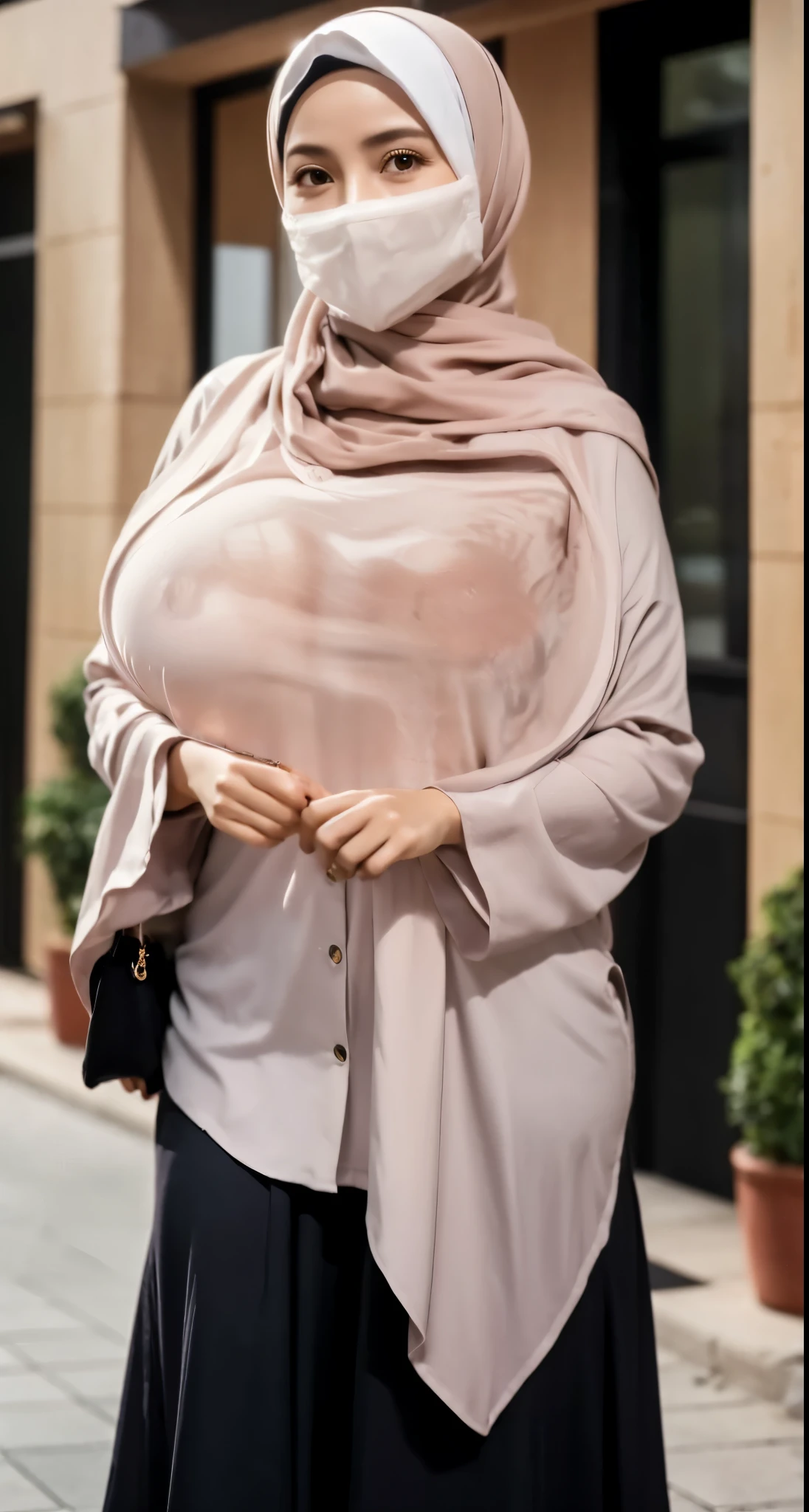 50 years Old, Hijab Indonesian mature woman, Big Tits : 66.9, Gamis, Breast out from her clothes : 1.9, at doctor office, Dark light, at Nighttime, big breast