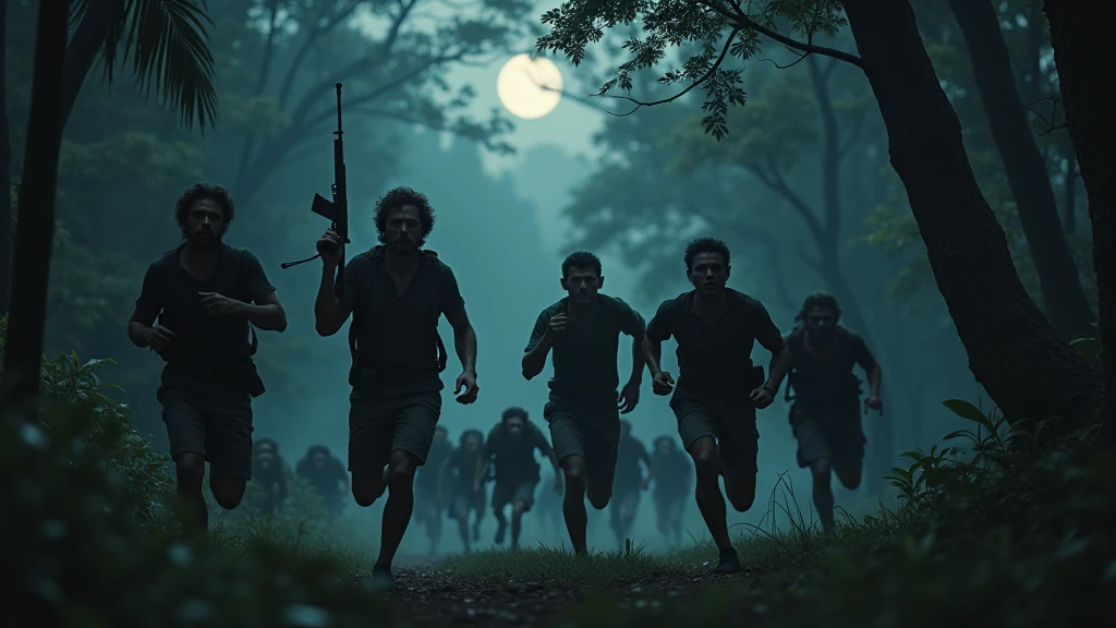 5 Thai hunters run escape from herd of monkeys and on the hunters man holding the gun. Herd of monkeys running behind them in the dark forest at night  8k  