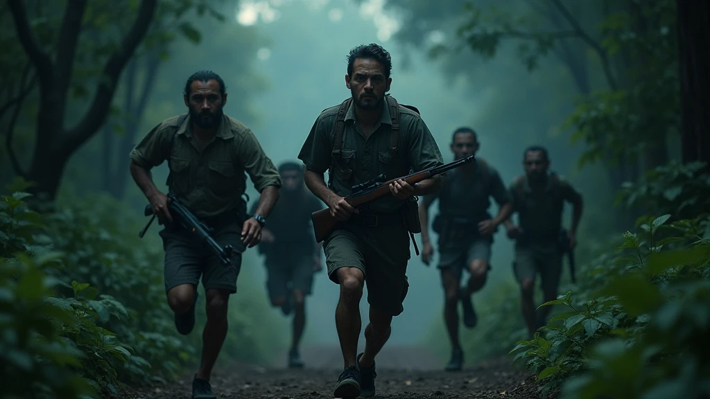 5 Thai hunters run escape from herd of monkeys and on the hunters man holding the gun. Herd of monkeys running behind them in the dark forest at night 8k