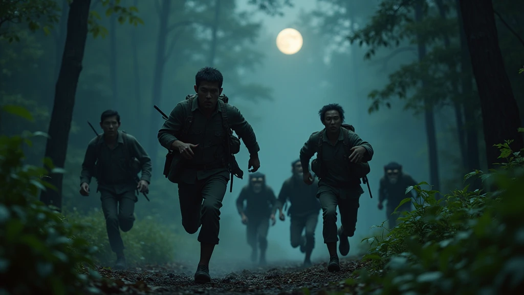 5 Thai hunters run escape from herd of monkeys and on the hunters man holding the gun. Herd of monkeys running behind them in the dark forest at night  8k  