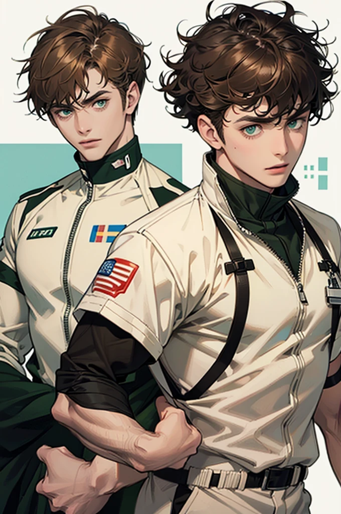 Brown Hair、Curly hair、Green Eyes、White pilot suit、male、Short hair, M-shaped bangs