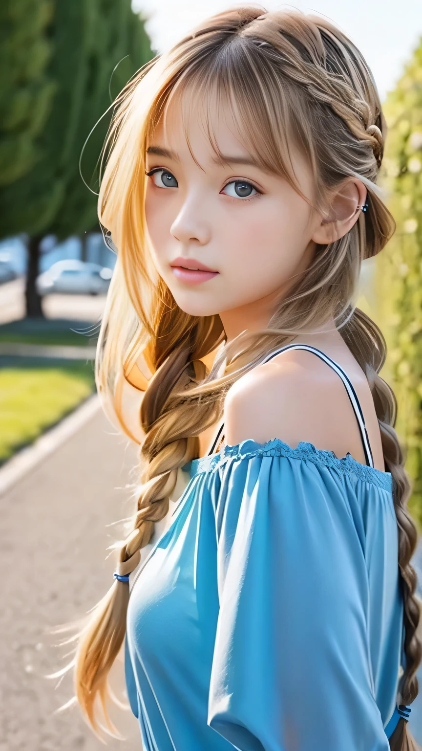 Sexy Big 、Sexy cute looks and cute beautiful girl, beautiful and sexy face、A strong wind blows my hair in front of my face、beautiful long blonde French braided hair、beautiful, Cute and sexy eyes hidden behind long bangs