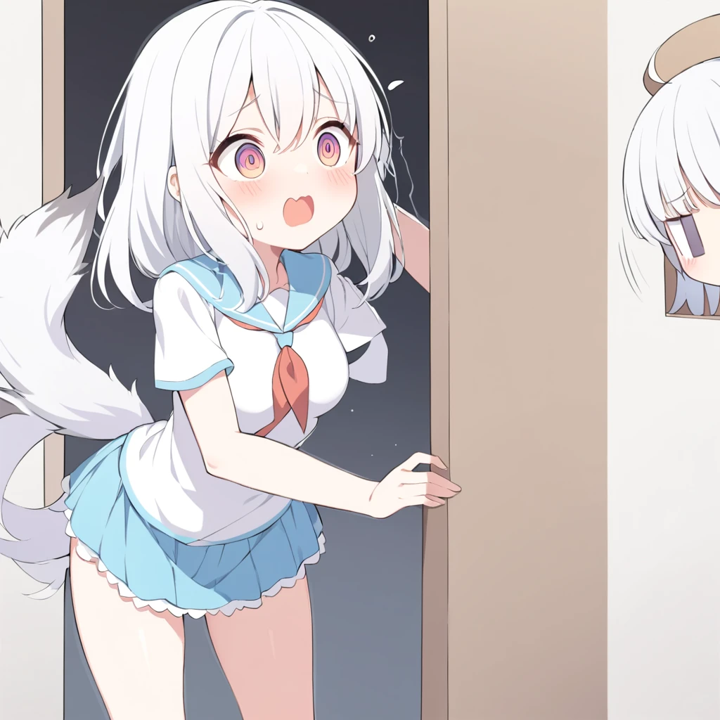 white hair，Double tail，Medium breasts，Little Lori，Standing at the corner，Peeping with a shocked face，shock