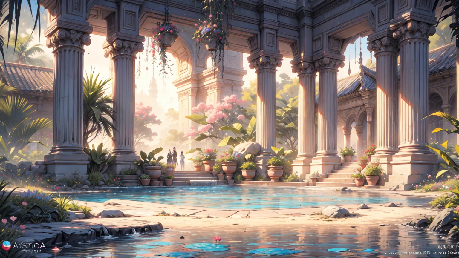a painting of a pool with pink flowers and a gazebo, beautiful art uhd, 32k UHD, style raw, tropical pool, a beautiful artwork illustration, royal garden background, very detailed paradise, tropical paradise, gigantic pillars and flowers, paradise in the background, relaxing concept art, beautiful digital painting, magnificent background, anime background art, romantic landscape, a pool inside the giant palace