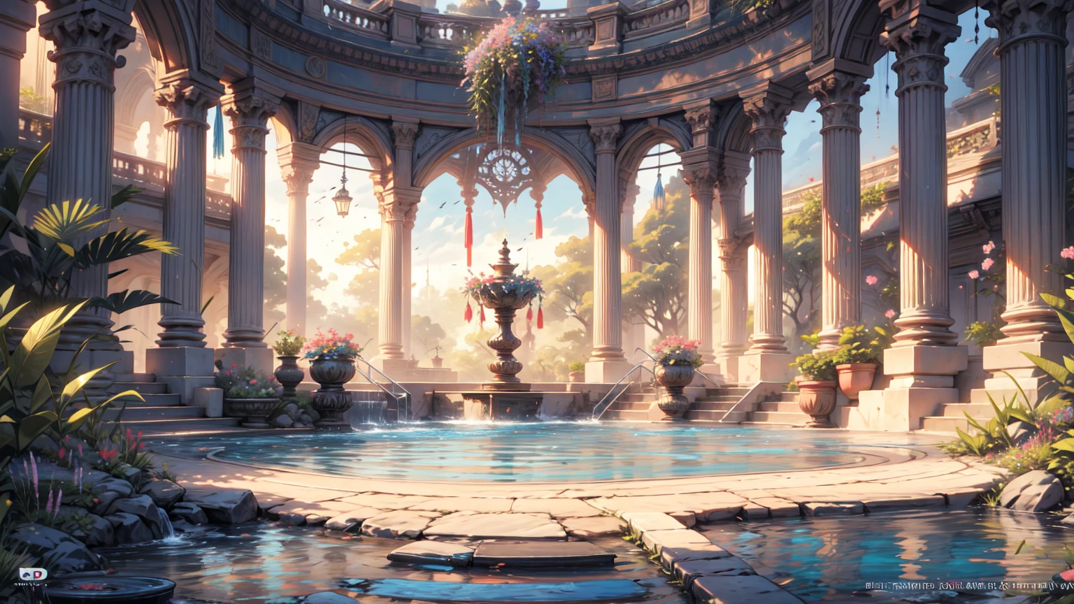 a painting of a pool with pink flowers and a gazebo, beautiful art uhd, 32k UHD, style raw, tropical pool, a beautiful artwork illustration, royal garden background, very detailed paradise, tropical paradise, gigantic pillars and flowers, paradise in the background, relaxing concept art, beautiful digital painting, magnificent background, anime background art, romantic landscape, a pool inside the giant palace