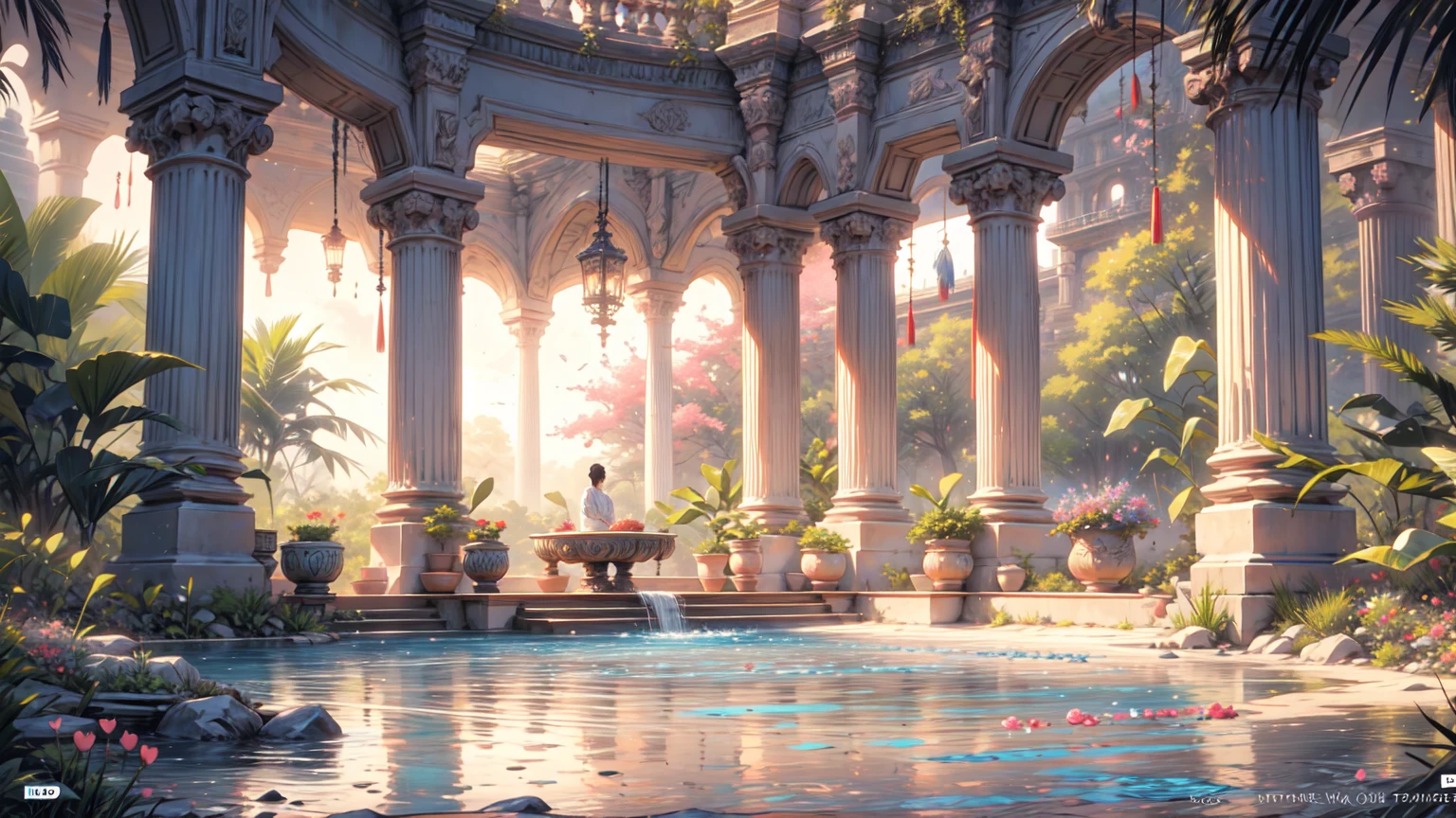 a painting of a pool with pink flowers and a gazebo, beautiful art uhd, 32k UHD, style raw, tropical pool, a beautiful artwork illustration, royal garden background, very detailed paradise, tropical paradise, gigantic pillars and flowers, paradise in the background, relaxing concept art, beautiful digital painting, magnificent background, anime background art, romantic landscape, a pool inside the giant palace
