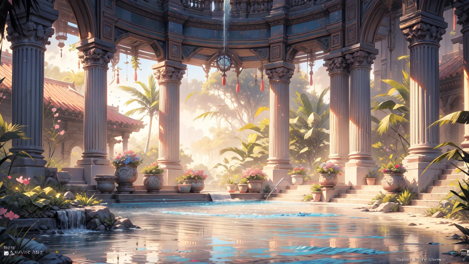 a painting of a pool with pink flowers and a gazebo, beautiful art uhd, 32k UHD, style raw, tropical pool, a beautiful artwork illustration, royal garden background, very detailed paradise, tropical paradise, gigantic pillars and flowers, paradise in the background, relaxing concept art, beautiful digital painting, magnificent background, anime background art, romantic landscape, a pool inside the giant palace