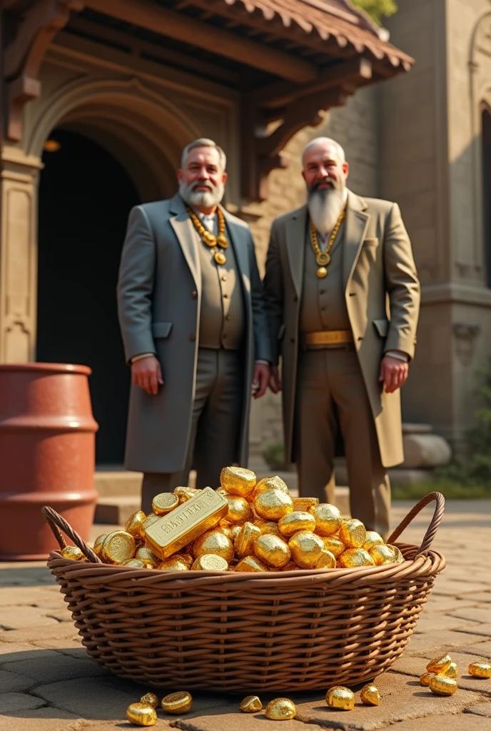 (photorealism:1.2) two wealthy people, gold bar on basket ,diamonds on basket, oil barrel on side, ancient house on the background