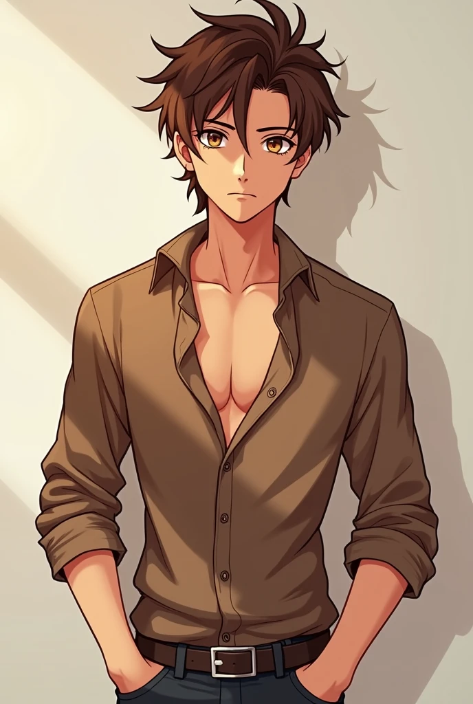 Brown haired boy,Brown eyes,brown skin,casual clothes,SEX,cara SEX, handsome, animated
