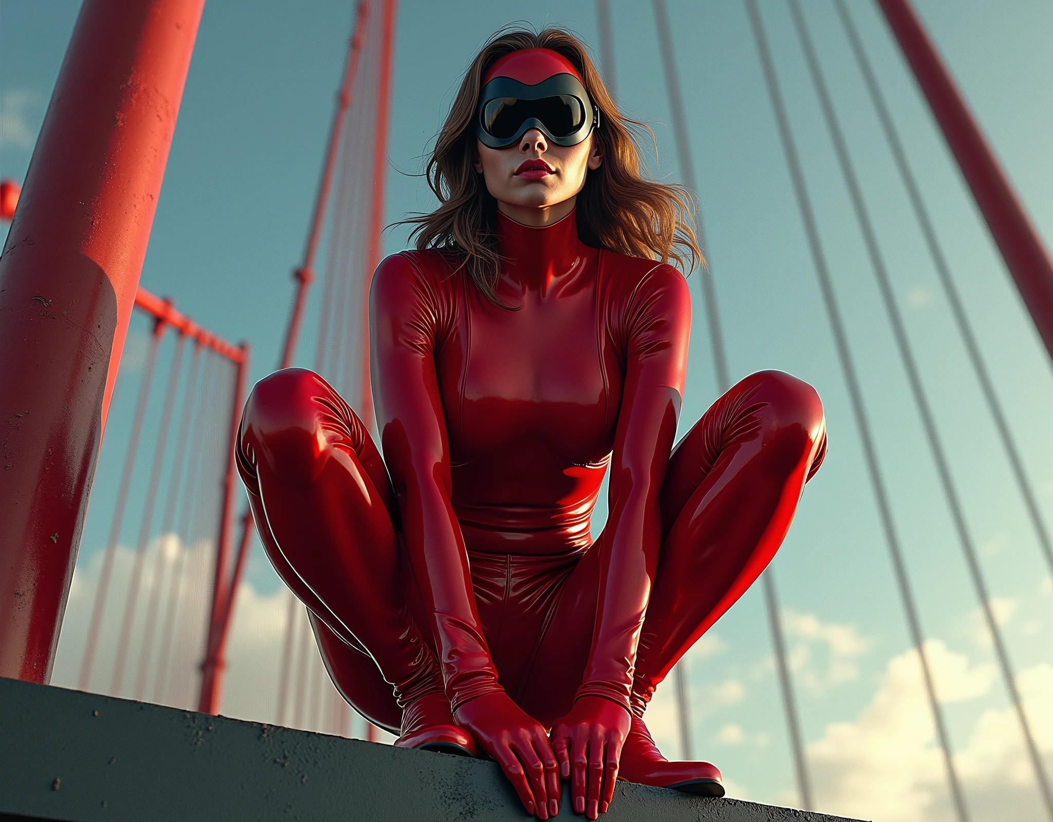 ((RAW photo), (masterpiece, best quality), (best illustration), (best shadow), absurd, beautiful detailed shine, (((Full red nylon outfit from head to toe all covered, red heroine, super-hero costume)), (red heroine has black masks), long red gloves, red boots, ((she: squatting on the highest mast of a bridge, dynamic pose)), (((Cinematic shots according to the angle: Dutch-shot))),