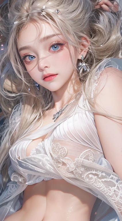 8k,Confused, High resolution, Very detailed, 1 Girl, alone, Very beautiful eyes, Ultra-precise depiction, Very detailed depiction, (Tangled:1.2), , (White high key background:1.5), (((naked:1.5))), See-through、Off the shoulder、Short platinum blonde, (Shiny skin), Many colors, , (Shooting from above:1.2),、Flat Body、slim、cute、、Round face、Cast a Shadow、See-through、