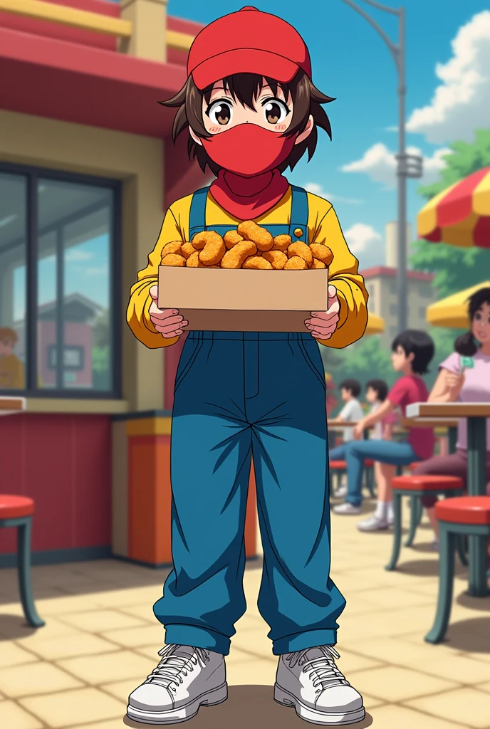 Brown-haired teenager , short hair , red balaclava , blue and yellow worker uniform , White sneakers and a box of fried chicken nuggets in hand With the setting of a restaurant Anime style 