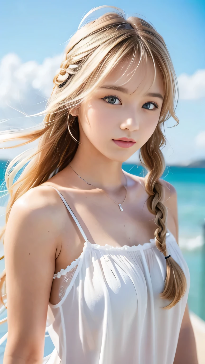 Sexy Big 、Sexy cute looks and cute beautiful girl, beautiful and sexy face、A strong wind blows my hair in front of my face、beautiful long blonde French braided hair、beautiful, Cute and sexy eyes hidden behind long bangs