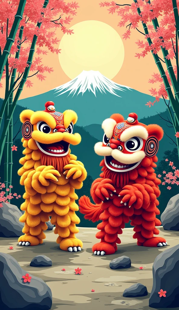 Contemporary graphic art with two fun-looking smiley lion dances like Katsushika Hokusai
great power
Gorgeous and colorful design but calm and elegant design
traditional Japanese scenery
bamboo, bamboo bushes, cherry blossoms, rocks, and Mt. Fuji
Pretty cool
chic and modern design
Stylish design
