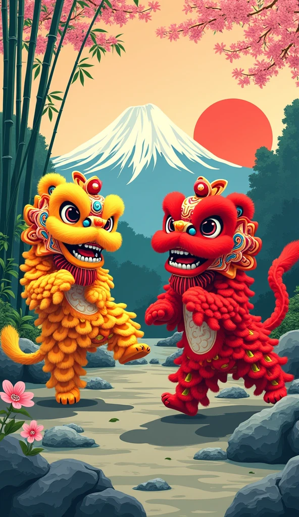 Contemporary graphic art with two fun-looking smiley lion dances like Katsushika Hokusai
great power
Gorgeous and colorful design but calm and elegant design
traditional Japanese scenery
bamboo, bamboo bushes, cherry blossoms, rocks, and Mt. Fuji
Pretty cool
chic and modern design
Stylish design