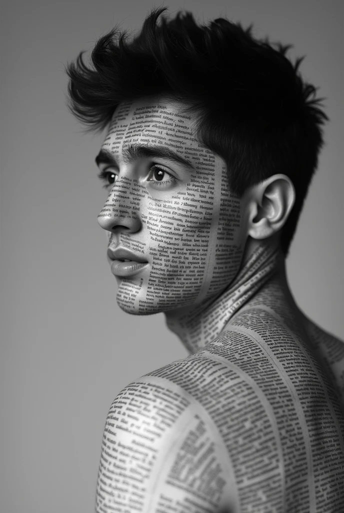 realistic portrait of a young man, short black hair, confused expression, looking to the side, the whole skin has printed lines of text like a newspaper, side angle view, black and white professional photography 