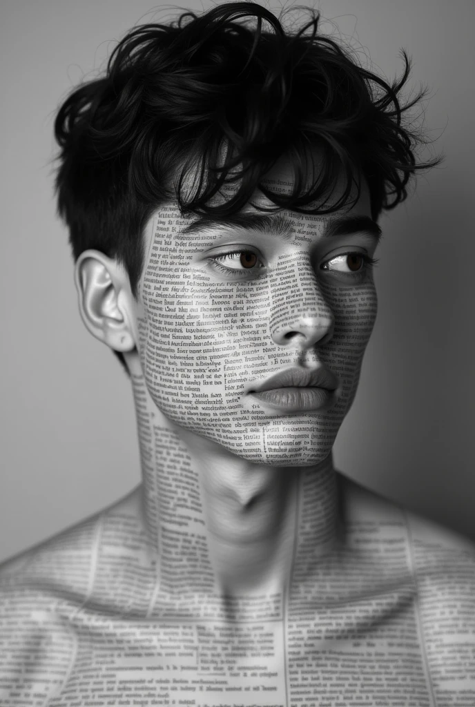 realistic portrait of a young man, short black hair, confused expression, looking to the side, the whole skin has printed lines of text like a newspaper, side angle view, black and white professional photography