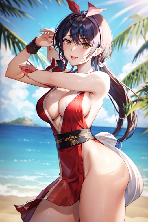 masterpiece, best quality, beautiful art, high resolution, well formed hands, body and fingers, 1 woman, solo, Ruka Sarashina, hair ribbon, red makeup, red lipstick,adult, grown up, cosplaying as Mai Shiranui , mai_shiranui_cosplay, adult, large and big breasted, cleavage, full body , hair ribbon, gorgeous legs and, thighs, sexy Japanese clothes, hair ornament , sexy and bare legs , hips and thighs, panties peek, fighting in a combat match, showing her fighting skills, making her guard, about to hit the viewer, looking at the viewer, close up on her bouncing breasts, sweating, bouncing breasts, smiling joyfully and brightly, seductive face, being confident and proud, action and fighting scene, martial arts tournament on the beach fighting in a combat match, showing her fighting skills, making her guard, about to hit the viewer, looking at the viewer, cowboy shot on her bouncing breasts, sweating, bouncing breasts, smiling joyfully and brightly, seductive face, being confident and proud, action and fighting scene, martial arts tournament on the beach
