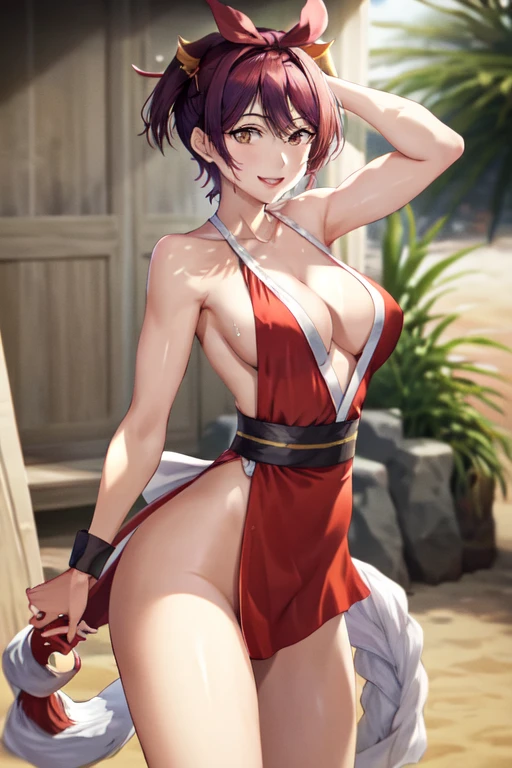 masterpiece, best quality, beautiful art, high resolution, well formed hands, body and fingers, 1 woman, solo, Ruka Sarashina, hair ribbon, red makeup, red lipstick,adult, grown up, cosplaying as Mai Shiranui , mai_shiranui_cosplay, adult, large and big breasted, cleavage, full body , hair ribbon, gorgeous legs and, thighs, sexy Japanese clothes, hair ornament , sexy and bare legs , hips and thighs, panties peek, fighting in a combat match, showing her fighting skills, making her guard, about to hit the viewer, looking at the viewer, close up on her bouncing breasts, sweating, bouncing breasts, smiling joyfully and brightly, seductive face, being confident and proud, action and fighting scene, martial arts tournament on the beach fighting in a combat match, showing her fighting skills, making her guard, about to hit the viewer, looking at the viewer, cowboy shot on her bouncing breasts, sweating, bouncing breasts, smiling joyfully and brightly, seductive face, being confident and proud, action and fighting scene, martial arts tournament on the beach