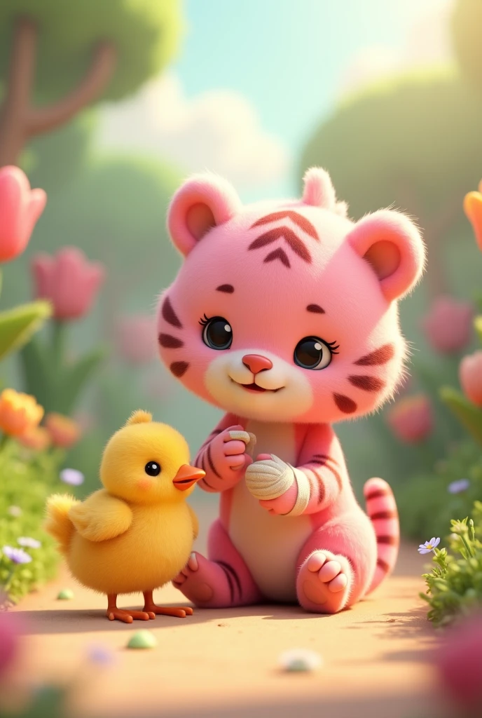 (animated 3d) a little pink tiger with a bandage on his paw and a little yellow chicken with a bandage on his wing
