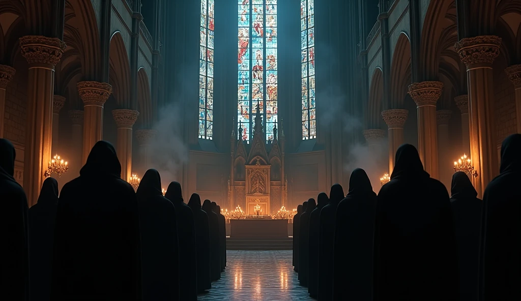 8k、close to the camera lots of candles ,large stained glass,(Extreme low angle), (number々の賞を受賞したmasterpiece、Incredible detail、Texture、Maximum details),red flame candle, (summoning magic),(St George&#39;s Church in Lalibela at night (Church of Saint George) - Ethiopia), (dark ritual),(dark organization)arafed image of a group of people in a church with candles,lit candle, dark cinematic concept art, elegant cinematic fantasy art, photorealistic dark concept art, by Beeple, dark robes, wojtek fus, gothic epic library concept, gothic epic library, epic cinematic concept art, dark concept art, Beeple and mike winkelmann, symmetrical epic fantasy art, High resolution, masterpiece, Highest quality, Intricate details, Very detailed, Clear focus, practical skin texture, texture,  Shot with Canon, 85mm, Shallow and deep, Kodak Vision Color, Exactly, Very detailed, photograph_\(Extremist\), photographpractical, practical, Post-processing, Maximum details, Roughness, Real Life, Extremist practical, Photorealism, photographgraphy, 8K Ultra HD, photographgraphy
