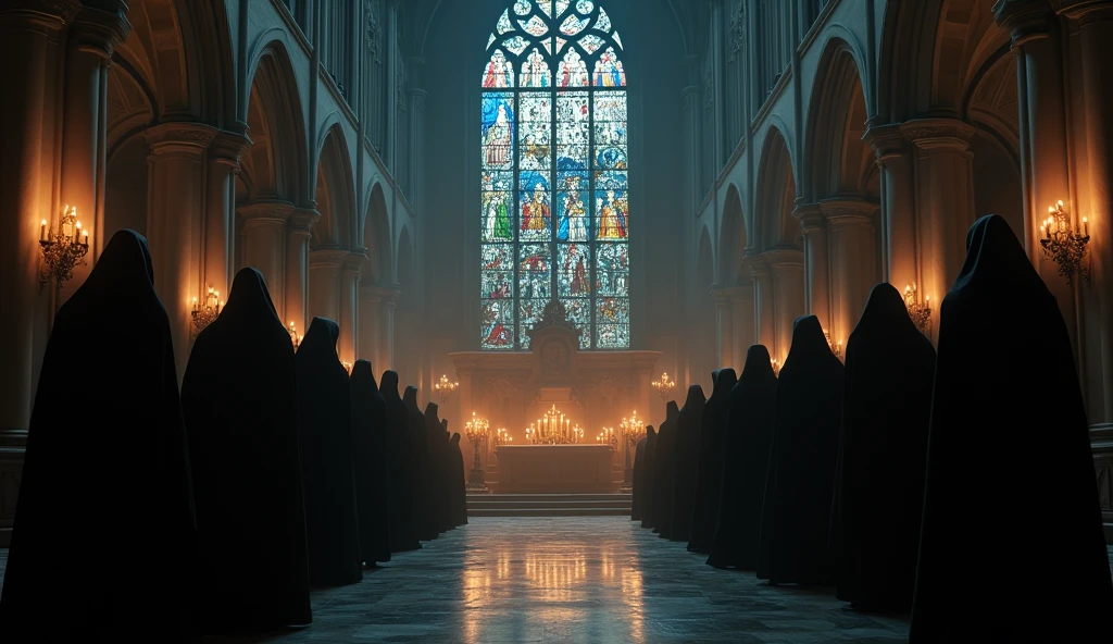 8k、close to the camera lots of candles ,large stained glass,(Extreme low angle), (number々の賞を受賞したmasterpiece、Incredible detail、Texture、Maximum details),red flame candle, (summoning magic),(St George's Church in Lalibela at night (Church of Saint George) - Ethiopia), (dark ritual),(dark organization)arafed image of a group of people in a church with candles,lit candle, dark cinematic concept art, elegant cinematic fantasy art, photorealistic dark concept art, by Beeple, dark robes, wojtek fus, gothic epic library concept, gothic epic library, epic cinematic concept art, dark concept art, Beeple and mike winkelmann, symmetrical epic fantasy art, High resolution, masterpiece, Highest quality, Intricate details, Very detailed, Clear focus, practical skin texture, texture, Shot with Canon, 85mm, Shallow and deep, Kodak Vision Color, Exactly, Very detailed, photograph_\(Extremist\), photographpractical, practical, Post-processing, Maximum details, Roughness, Real Life, Extremist practical, Photorealism, photographgraphy, 8K Ultra HD, photographgraphy