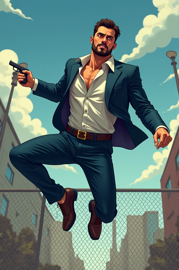 (Naruto art style) A Yakuza wearing a shirt is smoking and facing sideways with an prospektif