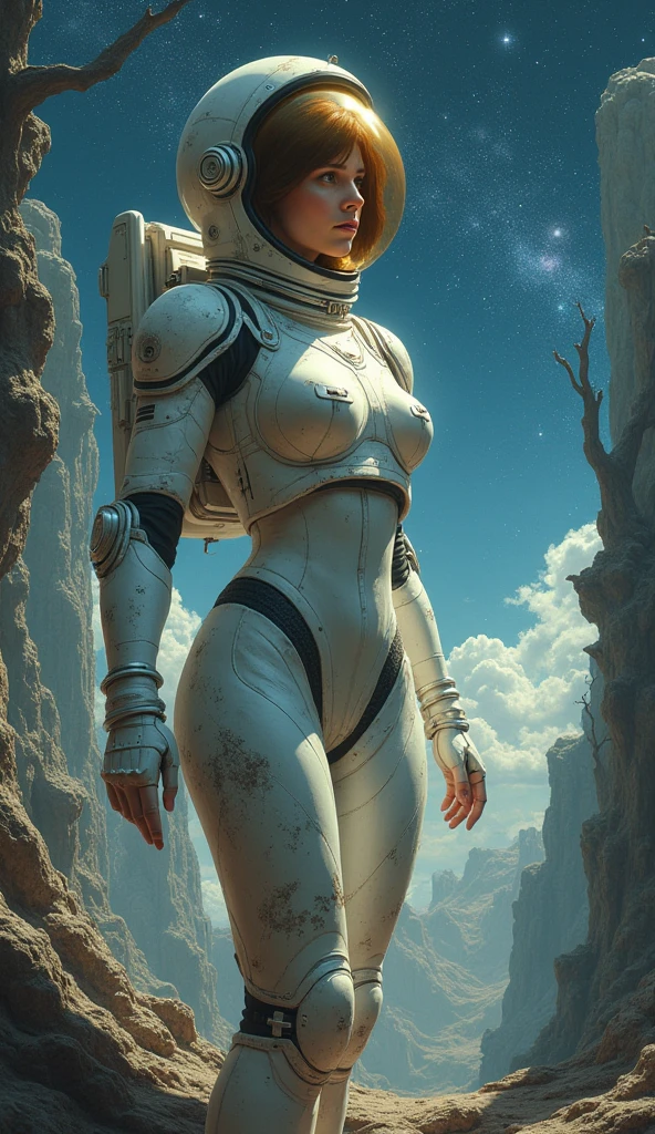 Hyperrealistic of a beautiful young woman in space suit in the style of Möbius , beautiful breasts, a ruin forest on a distant star background ,dynamic pose, medium long shot, soft lighting , gentle shadows, dim light, dark fantasy,