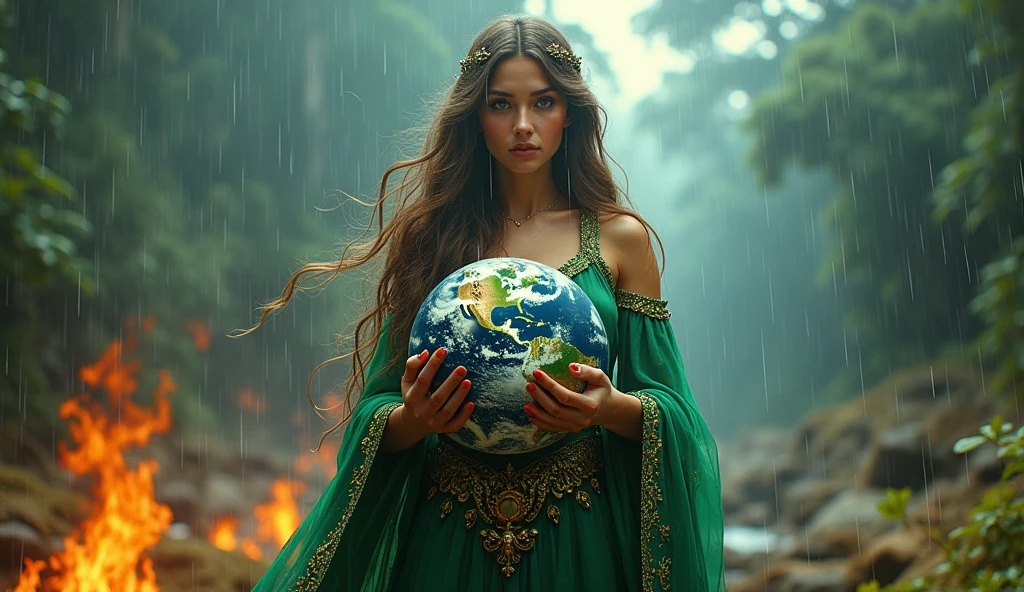 ultra realistic image of mother earth gaia dressed in green with gold threads holding planet earth on fire in brazil, convey depth, in the background blue sky with abundant rain putting out the fire and on the ground green forests with fires