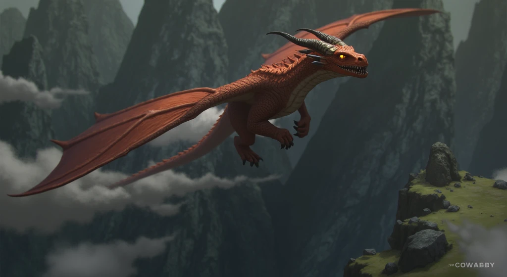 A Dragon flying in the sky over a rocky terrain