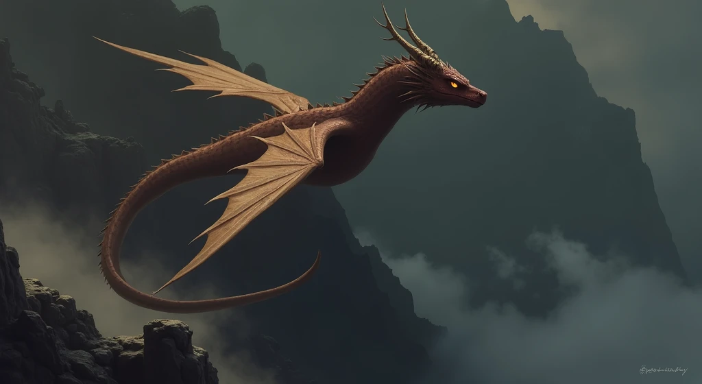 A Dragon flying in the sky over a rocky terrain