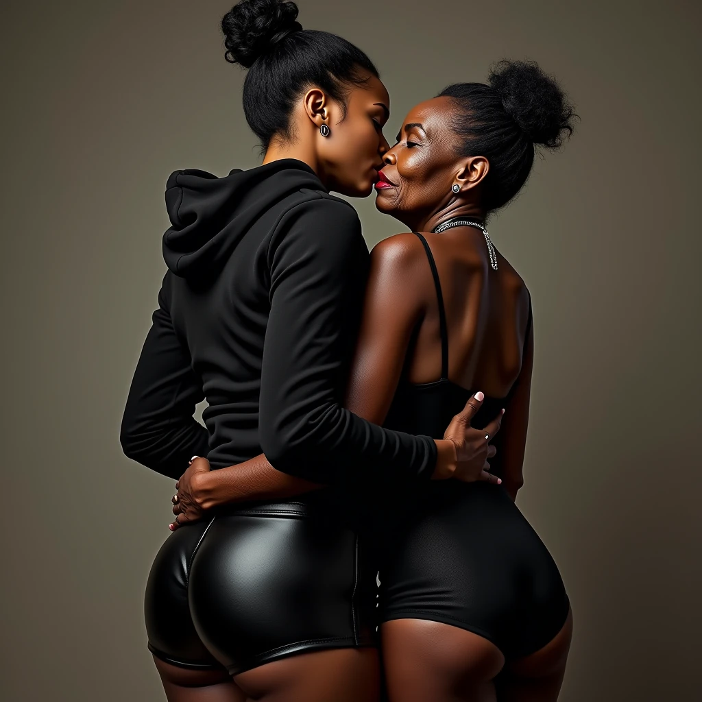 black woman hair in a bun black hoodie black leather short shorts a old grandma in a dress kissing her ass behind her squeezing her butt