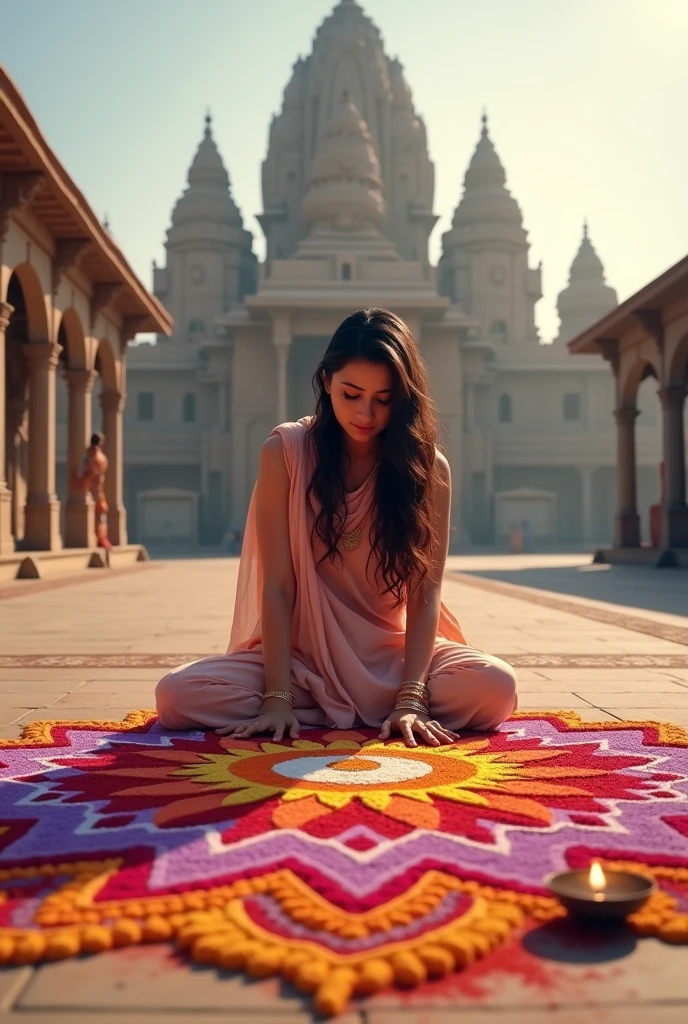 Hindu girl drawing rangoli in the front of temple, girl age of 23 year