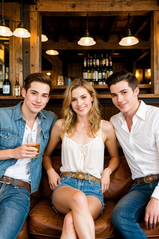 Young handsome cute white skin soft skinny beautiful in a cowboy bar sitting on armchair with 3 handsome men beside him