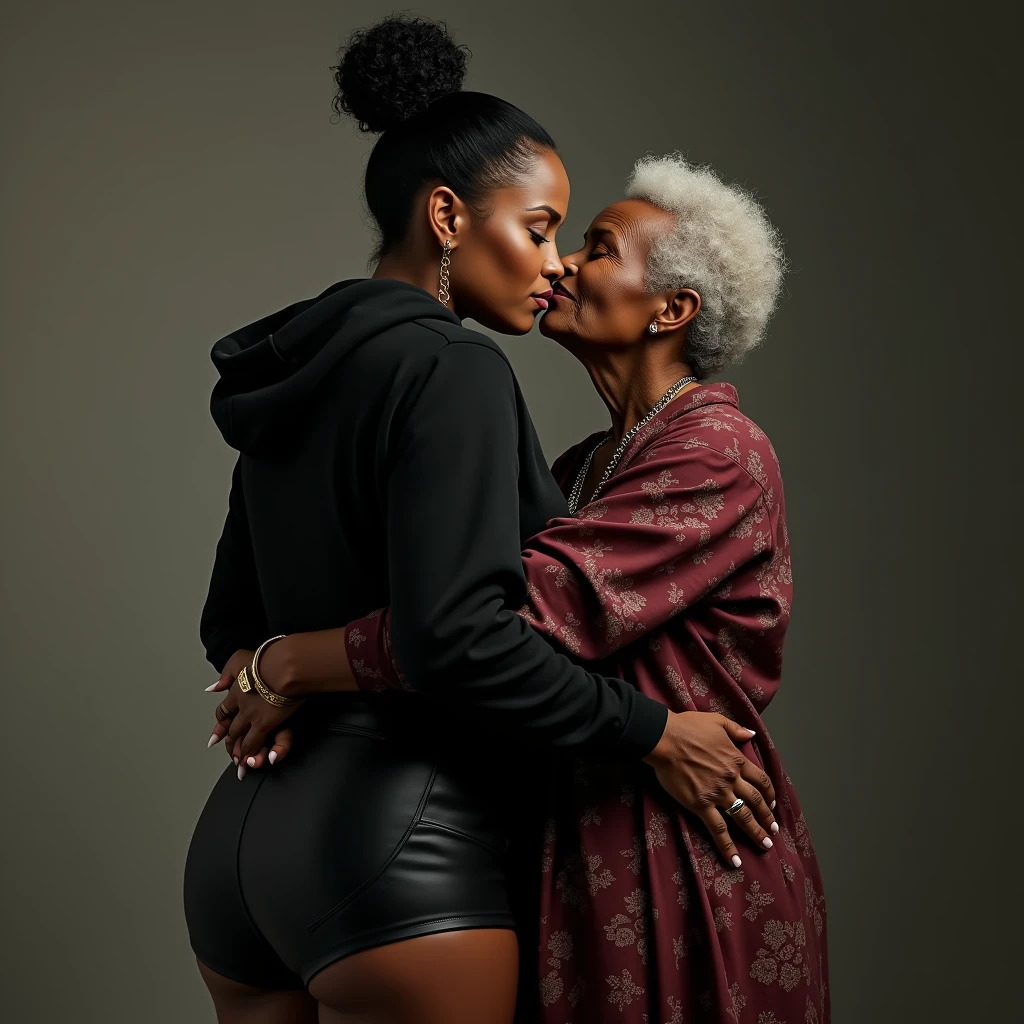black woman hair in a bun black hoodie   black leather short shorts   a old grandma in a dress  kissing her ass behind her squeezing her butt
