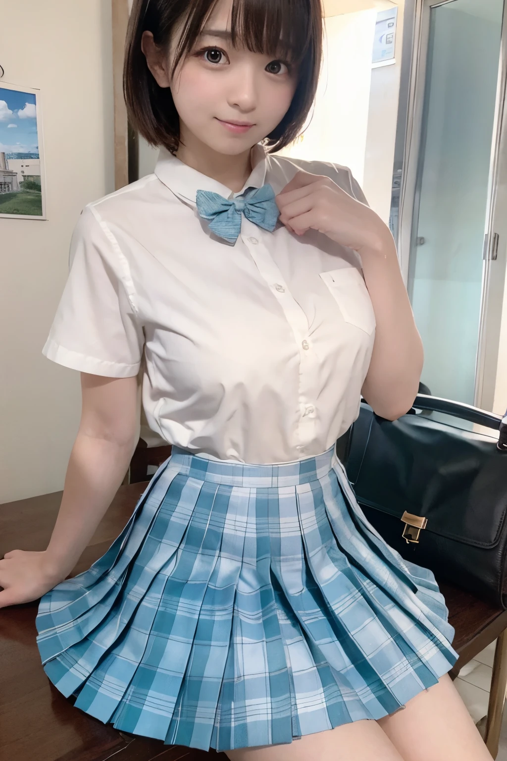 young,(Plaid white pleated skirt),Light blue ribbon on the chest,blouse,student, girl,black haired,medium long hair,delicate and body、smile、smiling with open mouth、