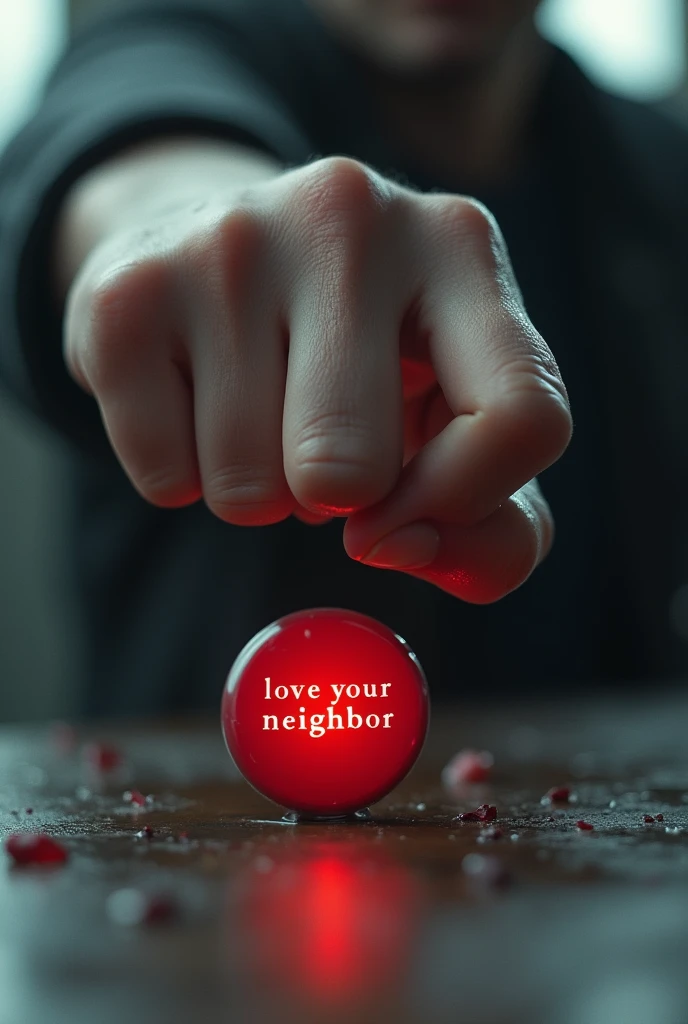 Image: A red button with a sweaty hand about to press it.
Texto del Botón: "Love your neighbor"